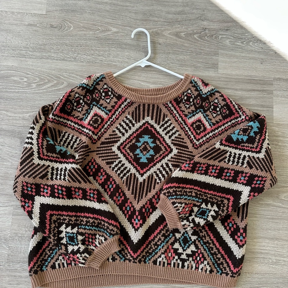 Geometric Patterned Brown Sweater - image 2